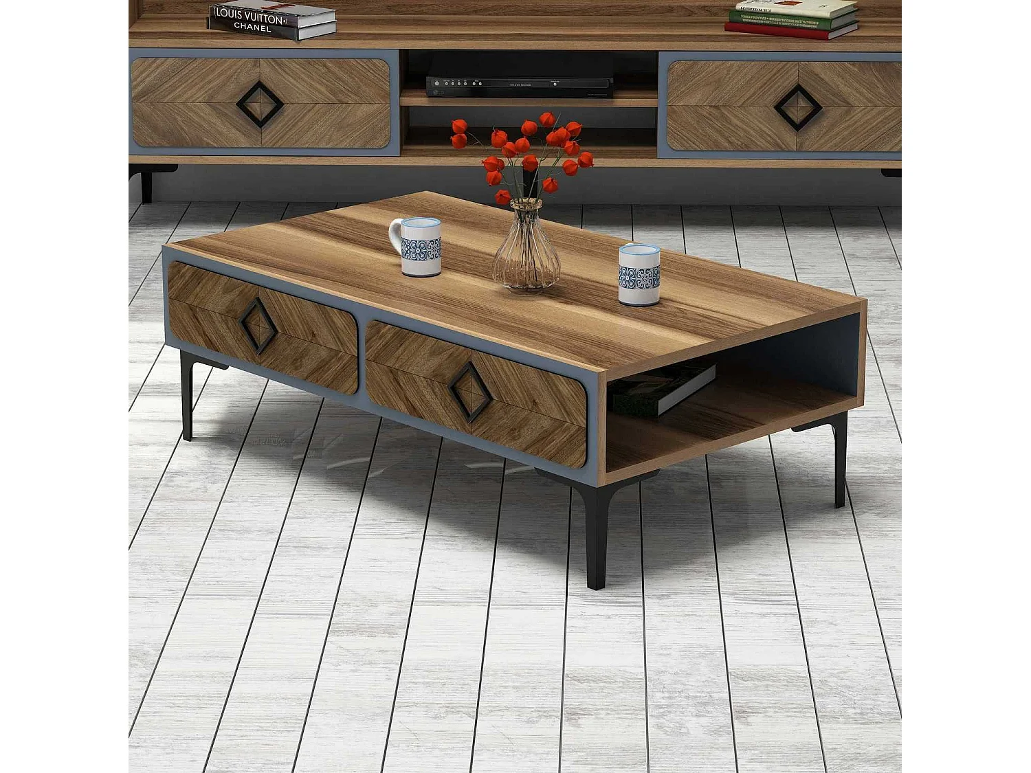 Mesa de Centro Samba - Design Moderno em Nogueira e Azul