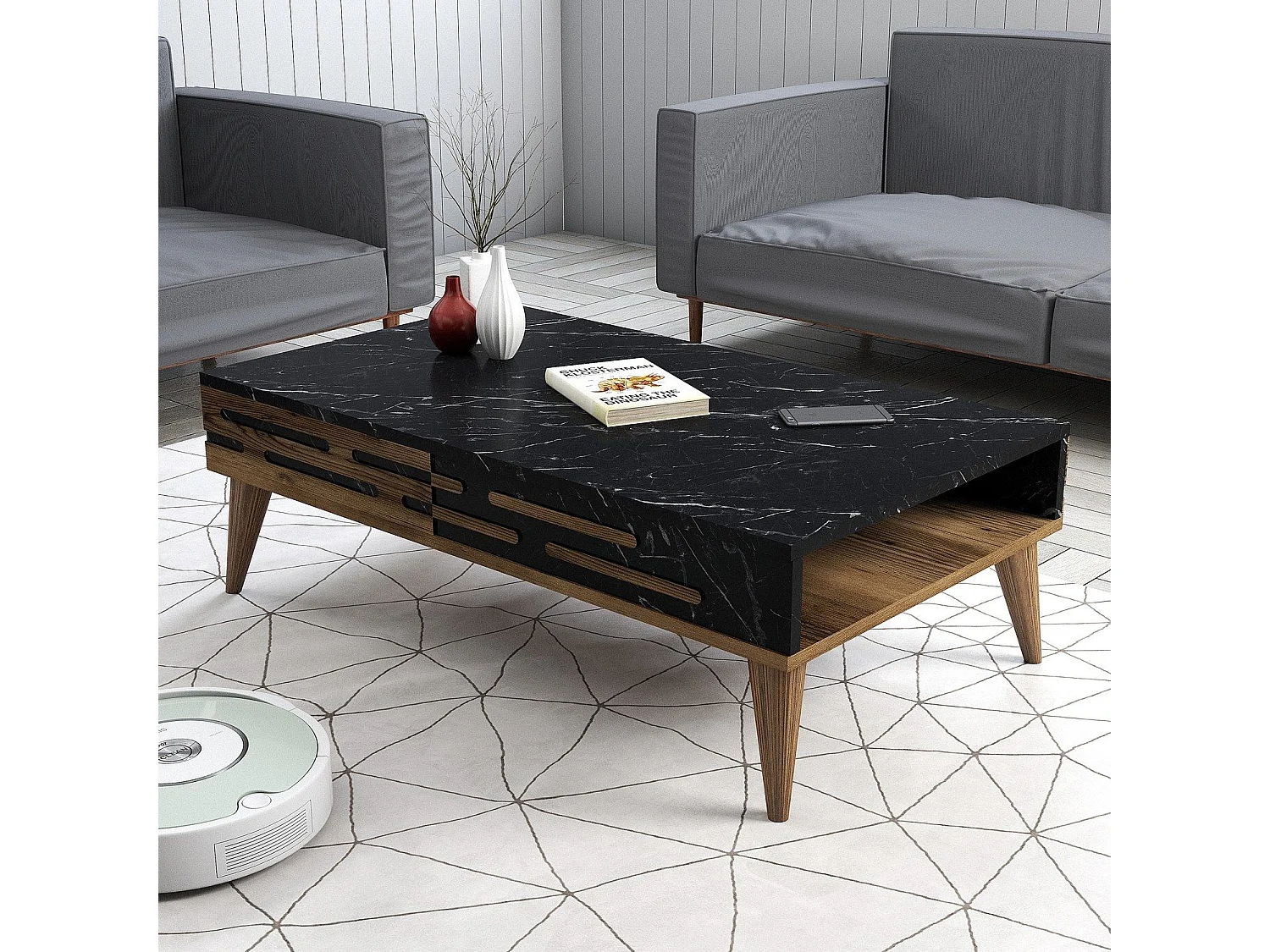 Mesa de Centro Valensiya em Nogal, Preto e Mármore - Elegância e Funcionalidade