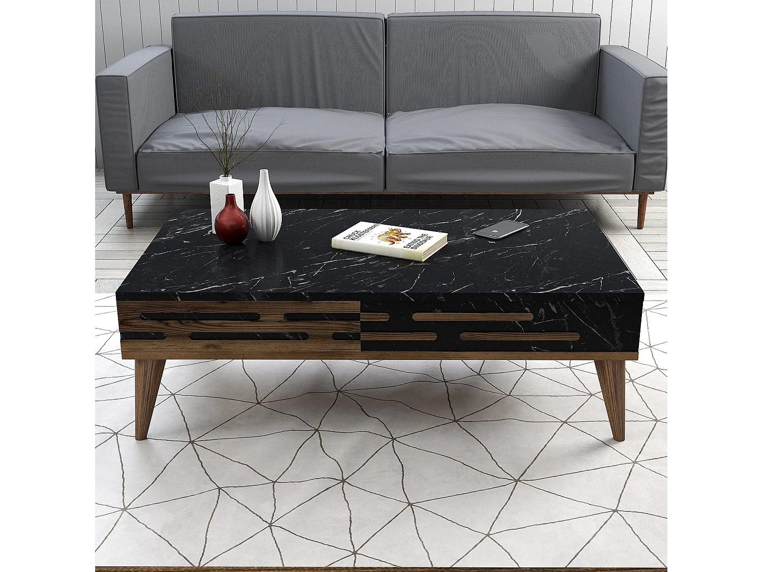 Mesa de Centro Valensiya em Nogal, Preto e Mármore - Elegância e Funcionalidade