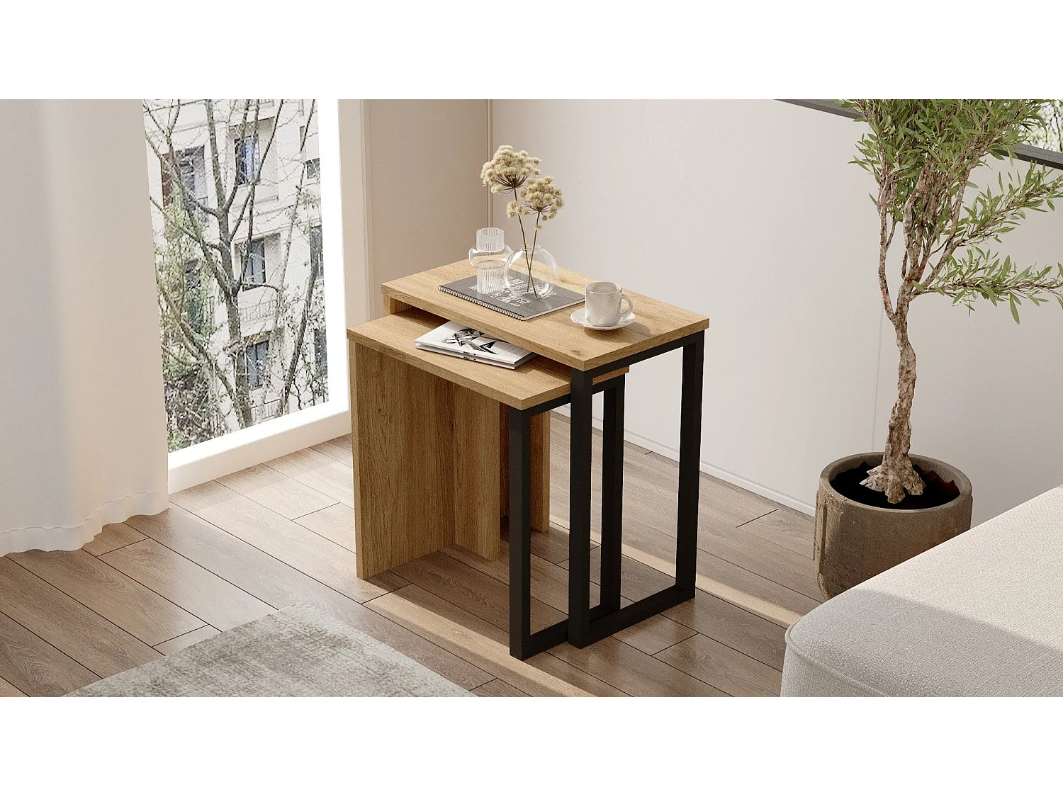 Conjunto de Mesas de Encaixe Elegantes em Nogueira e Carvalho