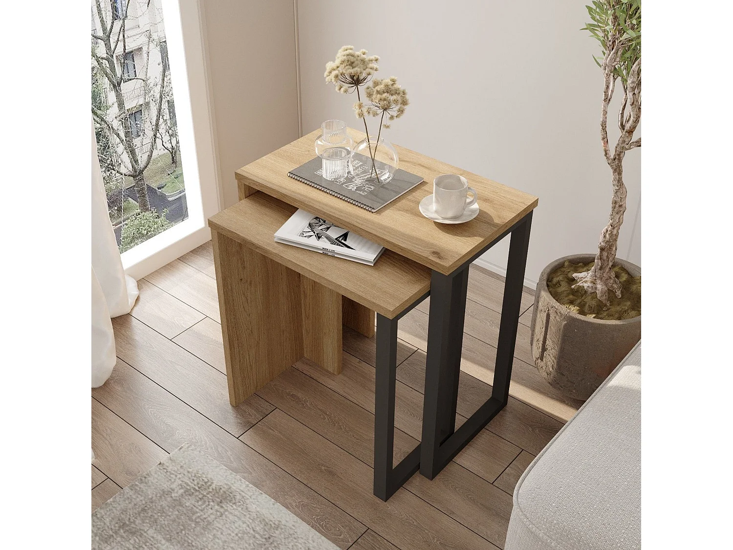 Conjunto de Mesas de Encaixe Elegantes em Nogueira e Carvalho