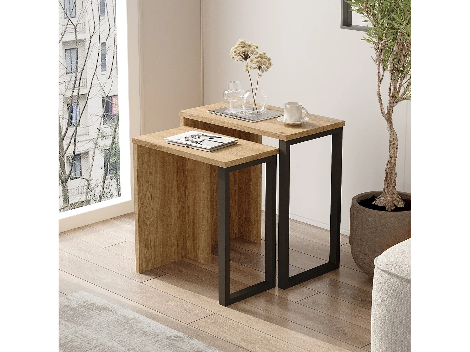 Conjunto de Mesas de Encaixe Elegantes em Nogueira e Carvalho