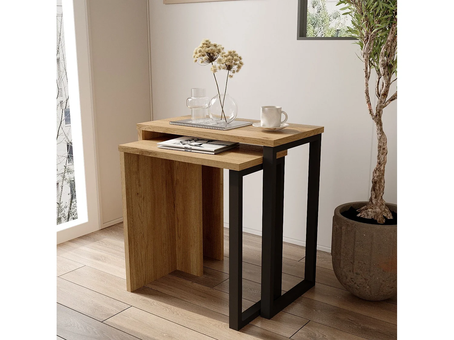 Conjunto de Mesas de Encaixe Elegantes em Nogueira e Carvalho