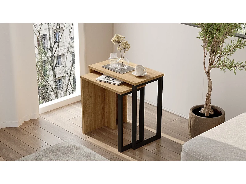 Conjunto de Mesas de Encaixe Elegantes em Nogueira e Carvalho