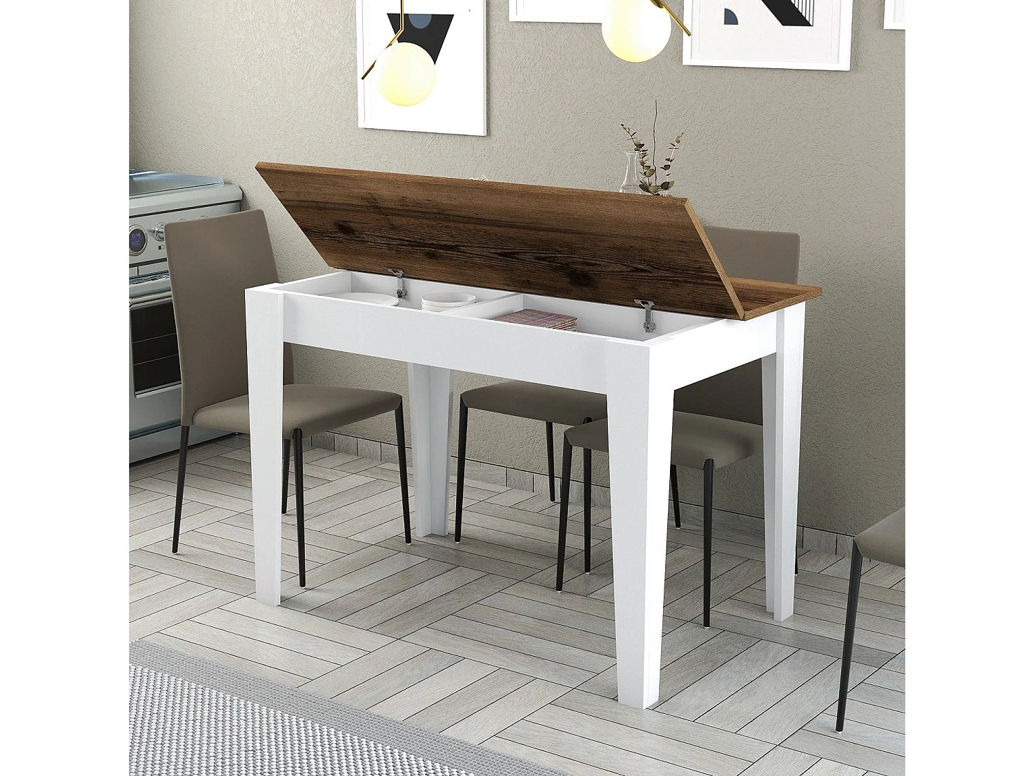 Mesa Kailua 1436, Nogal|Blanco, 75x72x110cm, Aglomerado laminado, MDF