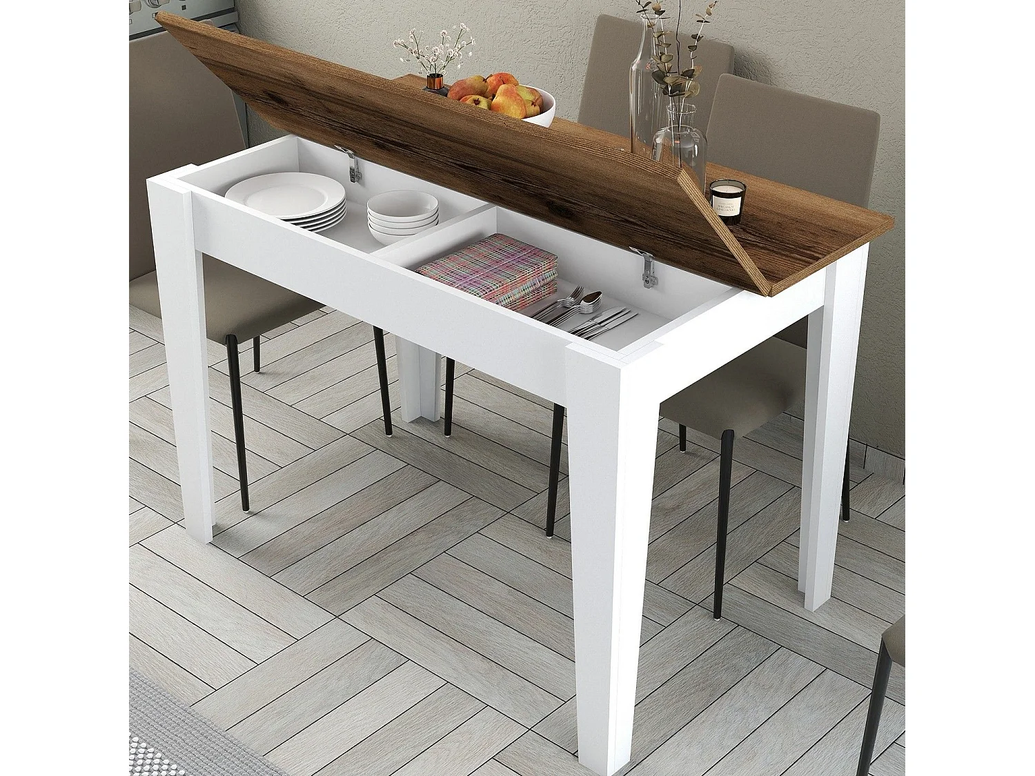 Tavolo Kailua 1436, Noce|Bianco, 75x72x110cm, Truciolare laminato