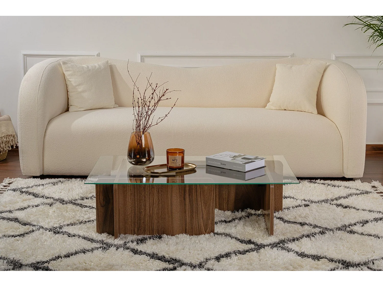 Mesa de Centro Flavio em Vidro Temperado e Nogueira – Design Moderno e Elegante, 105x65x30 cm