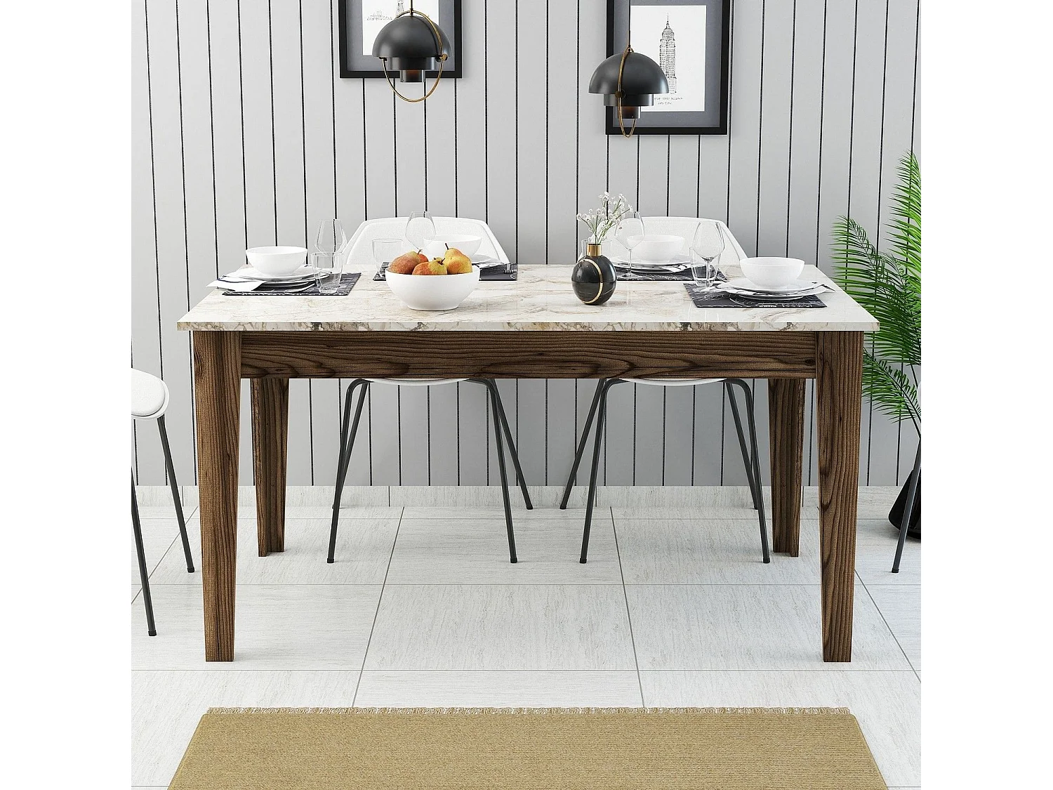 Mesa Kailua B100, Nuez|Mármol blanco, 75x88x145cm, Aglomerado laminado
