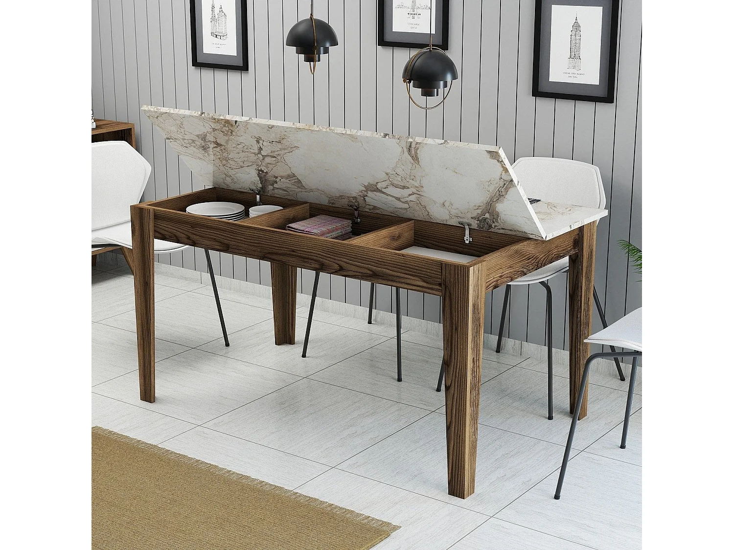 Mesa Kailua B100, Nuez|Mármol blanco, 75x88x145cm, Aglomerado laminado