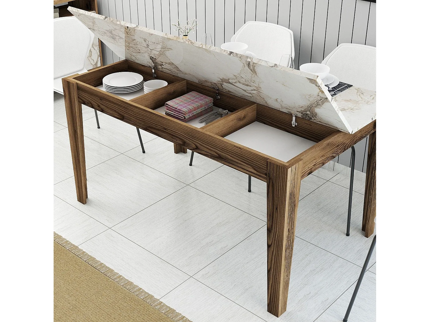 Mesa Kailua B100, Nuez|Mármol blanco, 75x88x145cm, Aglomerado laminado