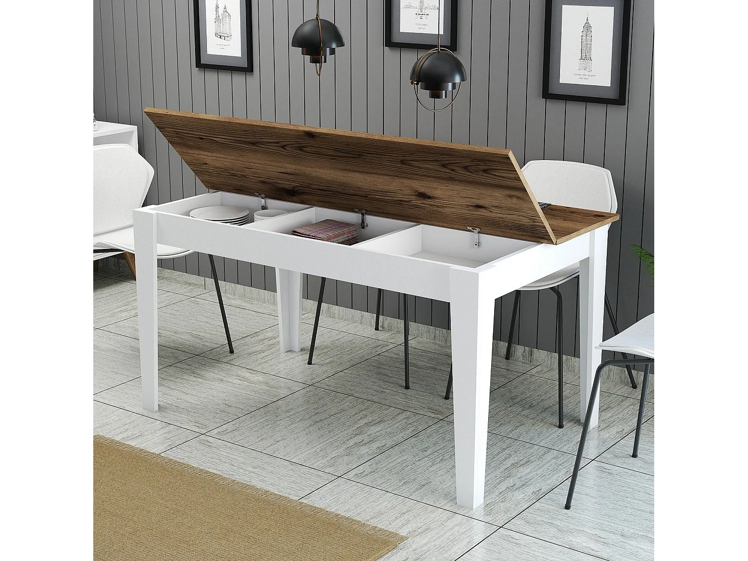 Tavolo Kailua B100, Noce|Marrone|Bianco, 75x88x145cm, Truciolare laminato