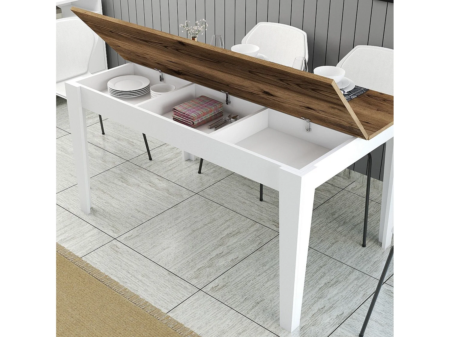 Mesa Kailua B100, Blanco|Nuez|Marrón, 75x88x145cm, Aglomerado laminado