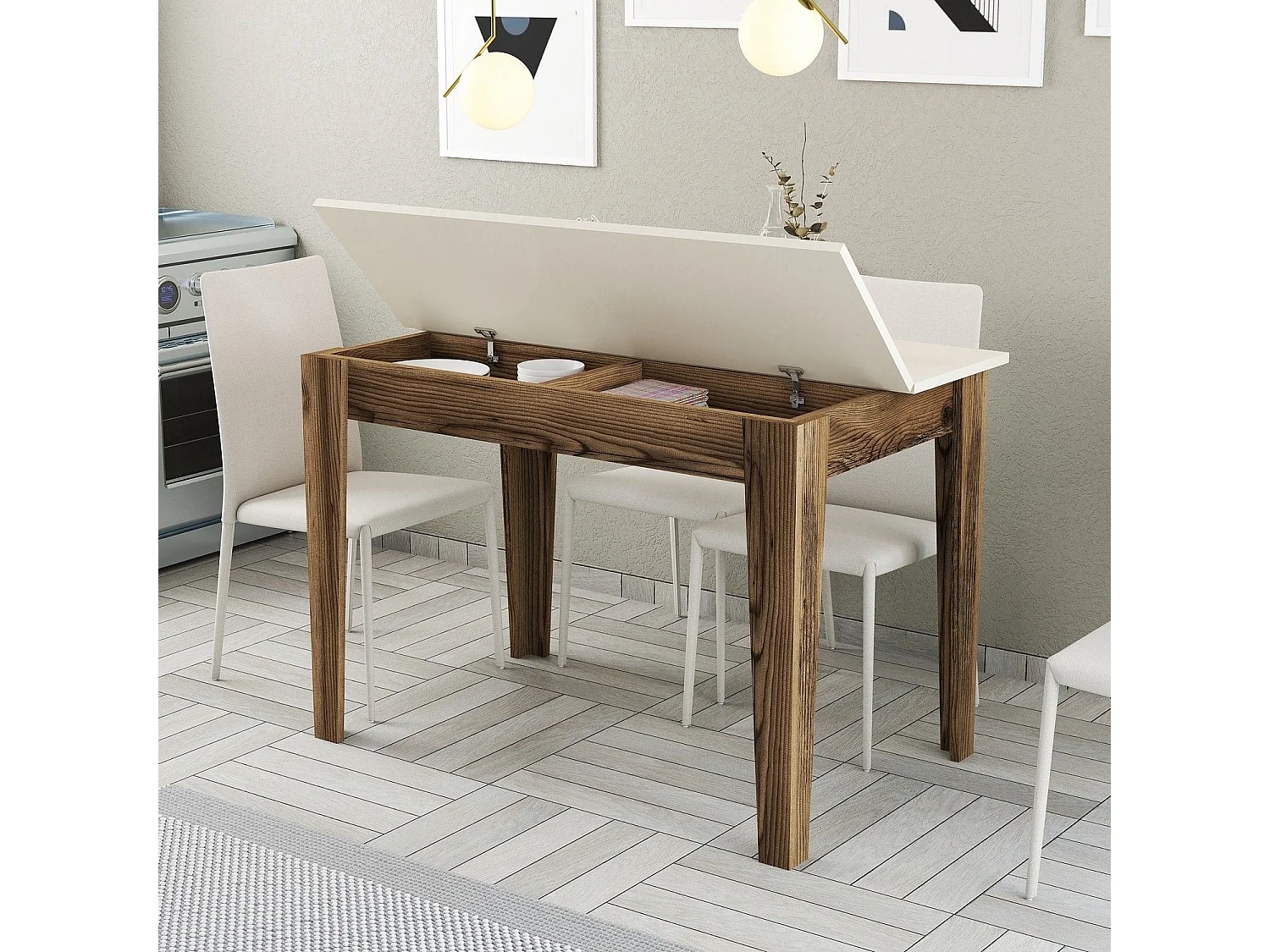 Mesa de Cozinha Moderna Kiev 508 em Noz e Creme - Elegância e Funcionalidade