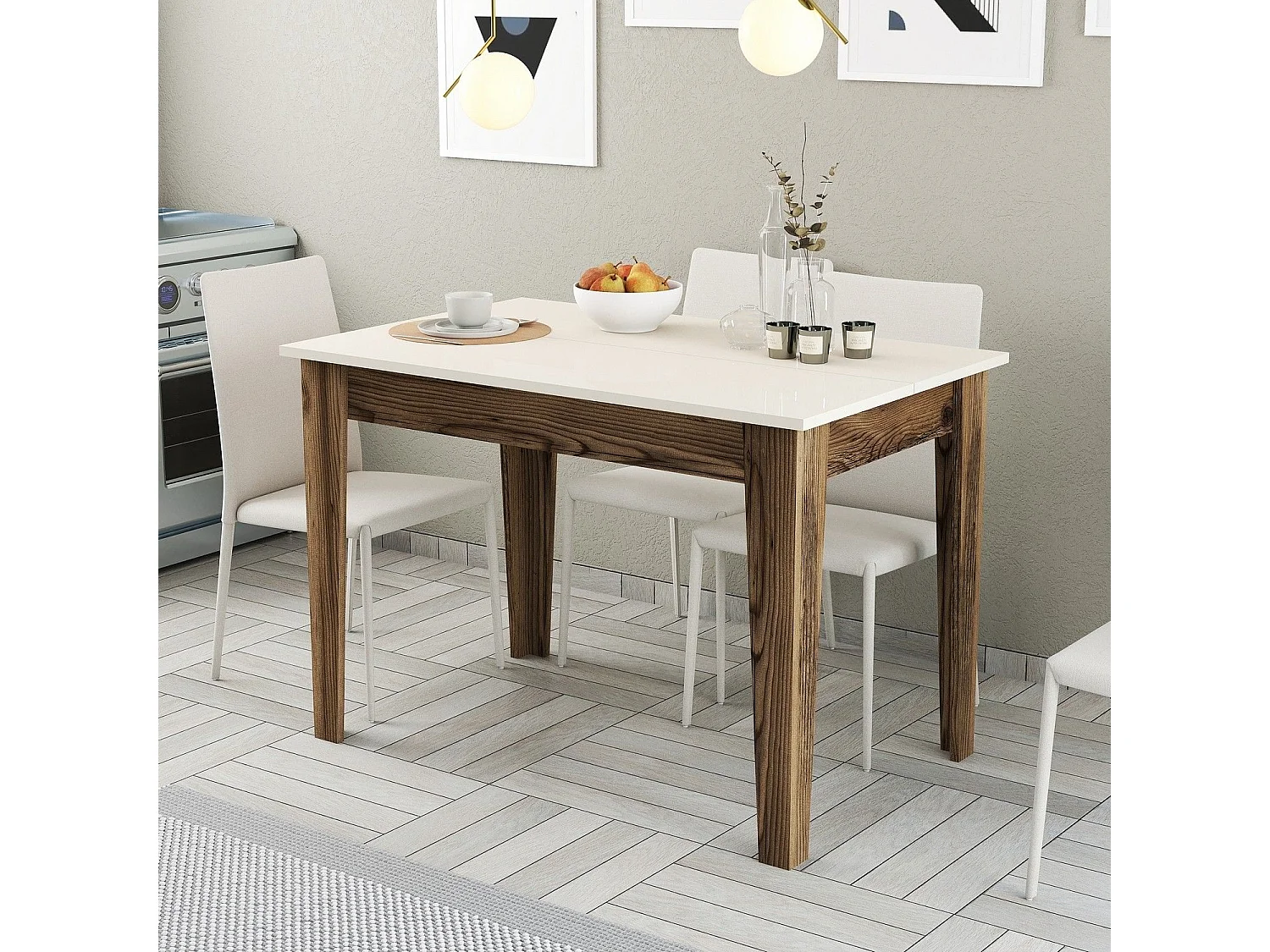 Table de salle à manger avec rangement Fiorita L110cm Bois et Blanc crème
