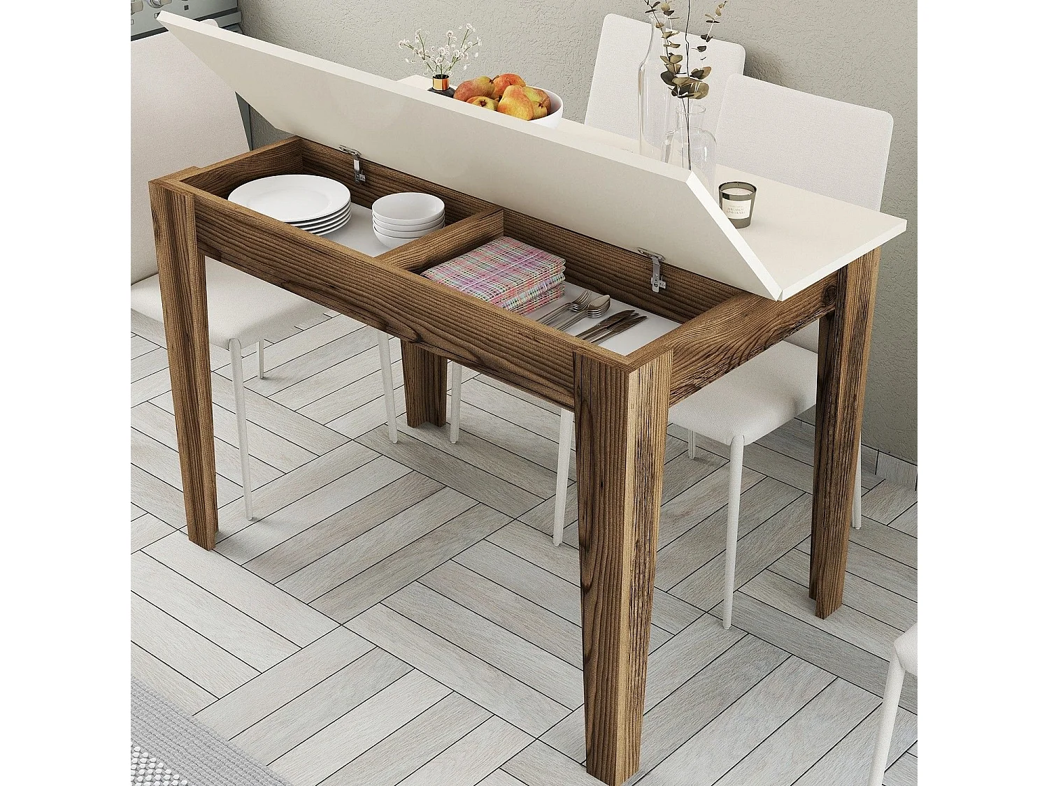 Table de salle à manger avec rangement Fiorita L110cm Bois et Blanc crème