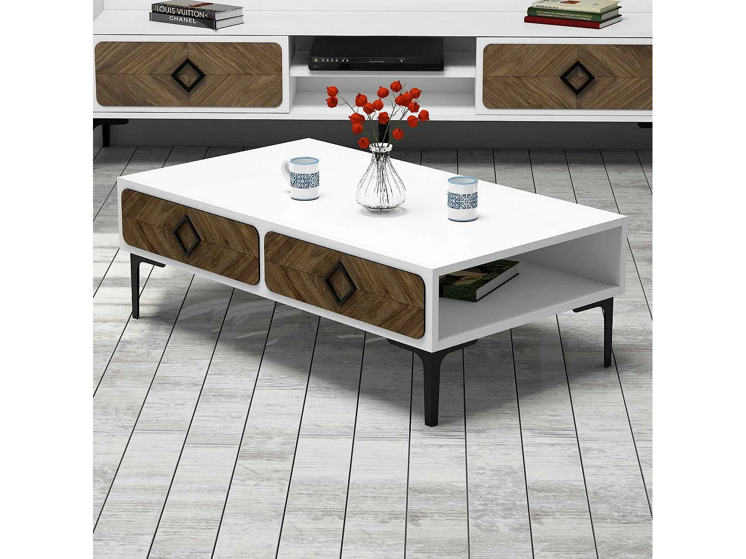 Mesa de Centro Moderna Samba - Elegância e Sofisticação em Branco e Nogueira