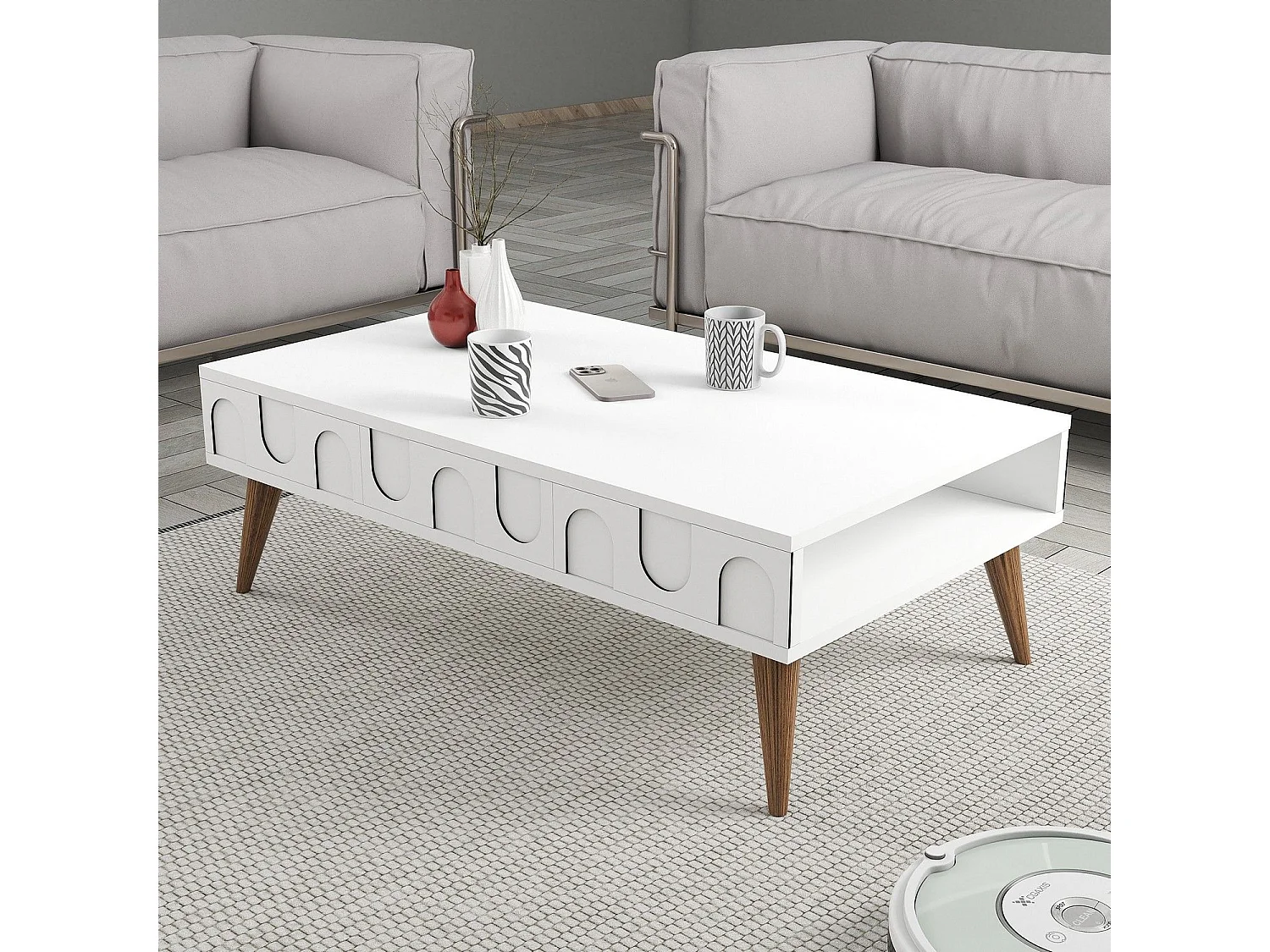 Mesa de Centro Lyon 34 em Branco e Nogueira - Elegância e Funcionalidade