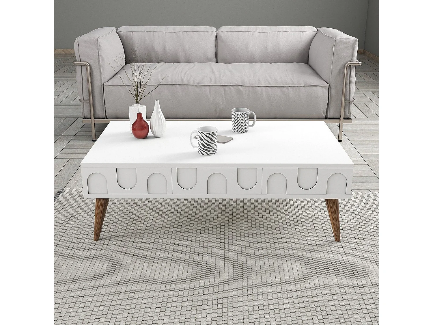Mesa de Centro Lyon 34 em Branco e Nogueira - Elegância e Funcionalidade