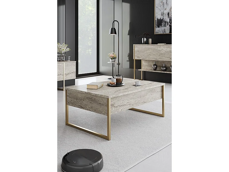Mesa de Centro Elegante "Madrid" em Travertino e Dourado - Dimensões 90x60x40cm