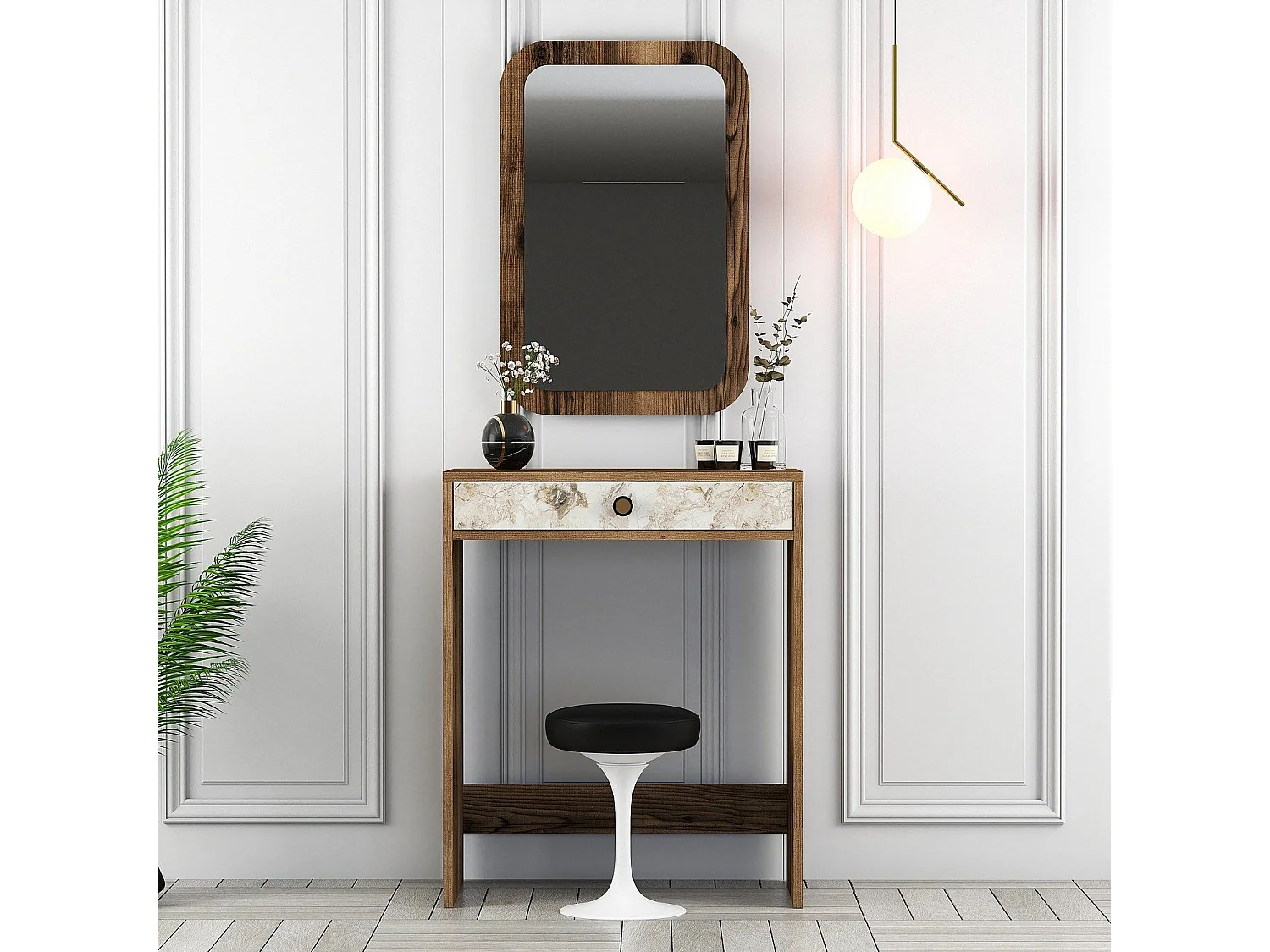 Coiffeuse design avec miroir Esadia L70cm Bois foncé et Effet marbre Blanc