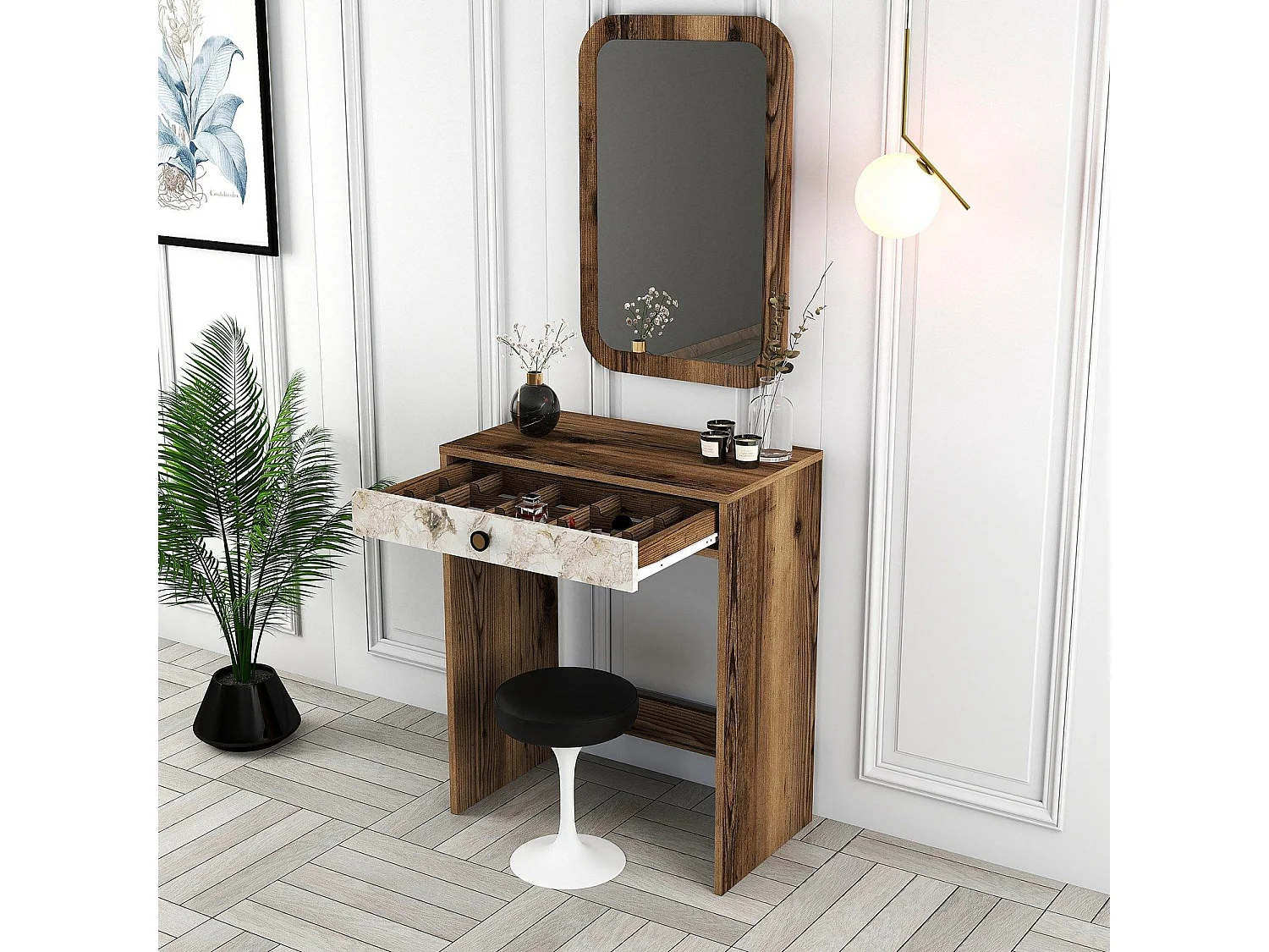 Coiffeuse design avec miroir Esadia L70cm Bois foncé et Effet marbre Blanc