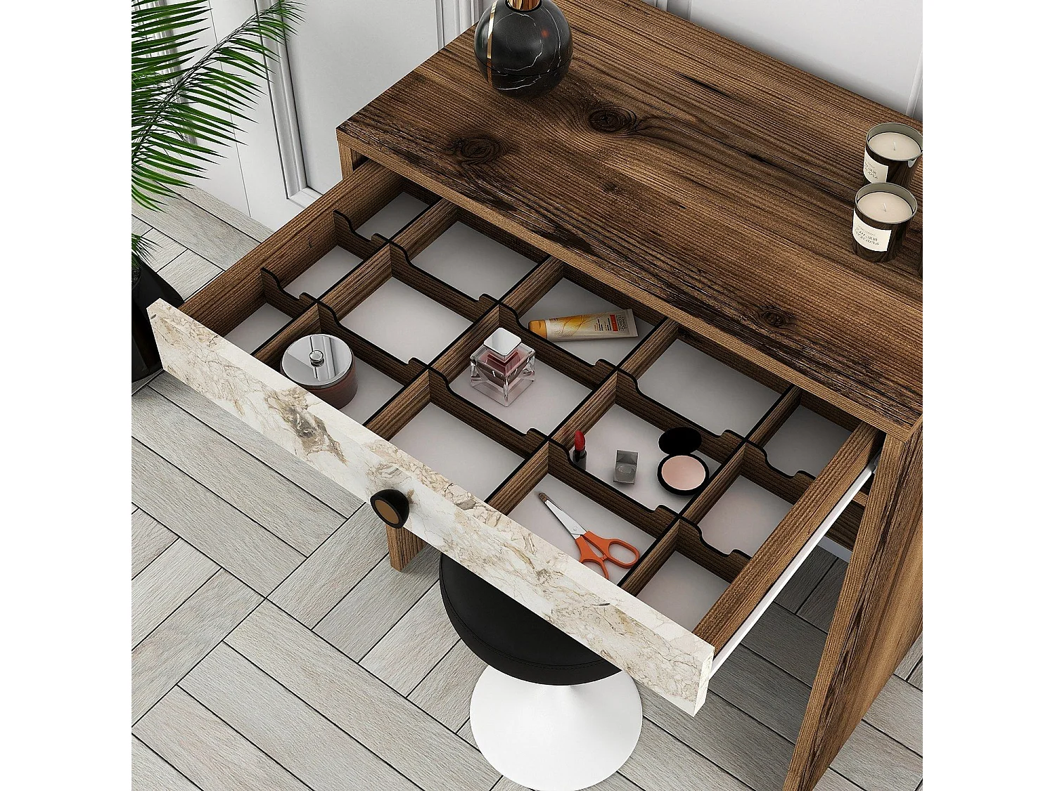 Coiffeuse design avec miroir Esadia L70cm Bois foncé et Effet marbre Blanc