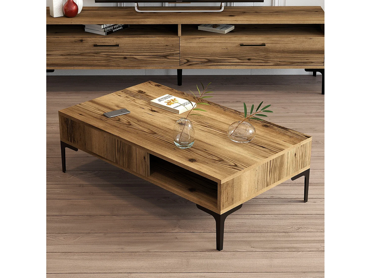 Tavolino da caffè Kailua 1239, Noce, 33x60x105cm, Truciolare laminato, Angolare