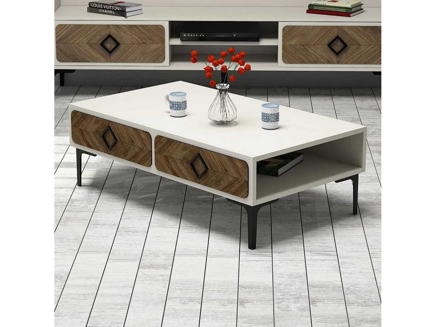 Mesa de Centro Moderna Samba - Elegância em Creme e Nogueira