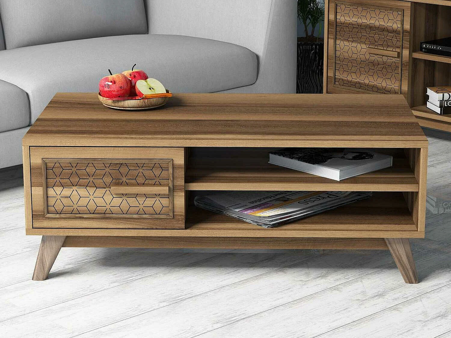 Tavolino da caffè Kailua 1274, Noce, 38x60x105cm, Truciolare laminato, Angolare