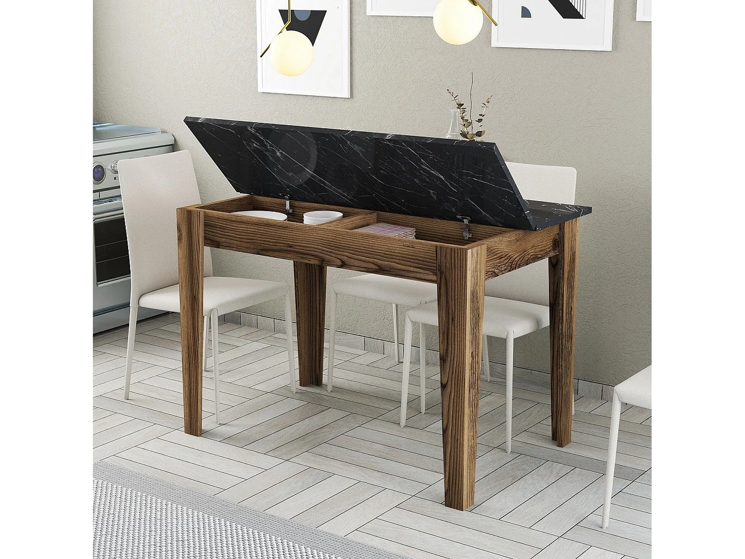 Mesa Kailua 1436, Mármol negro|Nogal, 75x72x110cm, Aglomerado laminado, MDF