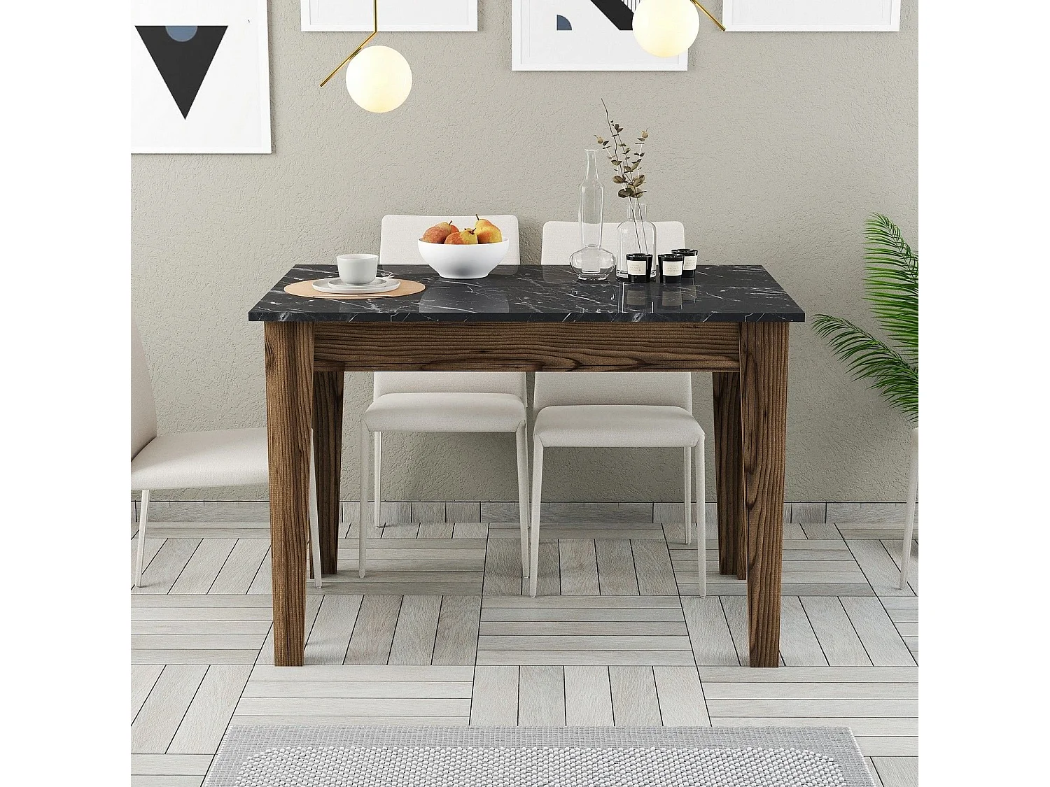 Table de salle à manger avec rangement Fiorita L110cm Bois et Noir Effet marbre