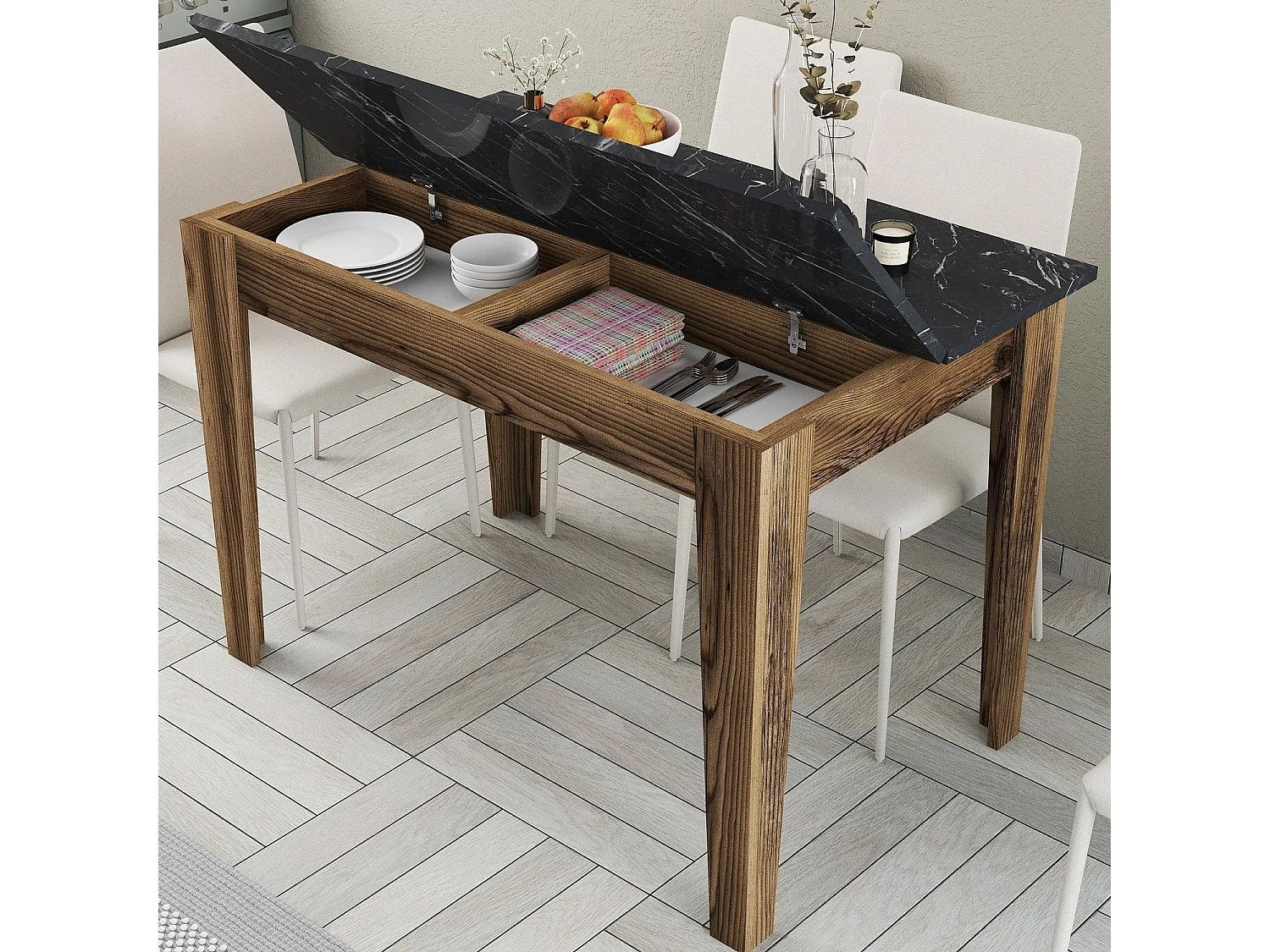 Table de salle à manger avec rangement Fiorita L110cm Bois et Noir Effet marbre