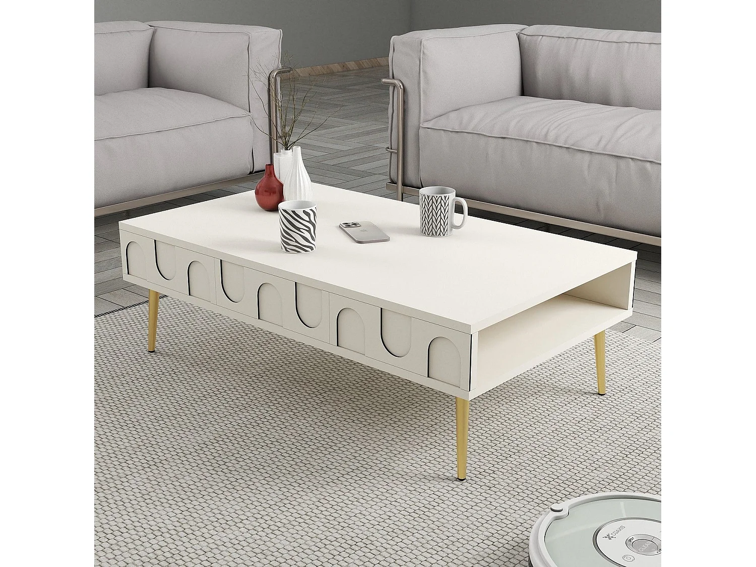 Mesa de Centro Lyon 33 - Elegância em Creme e Dourado para Sua Sala de Estar