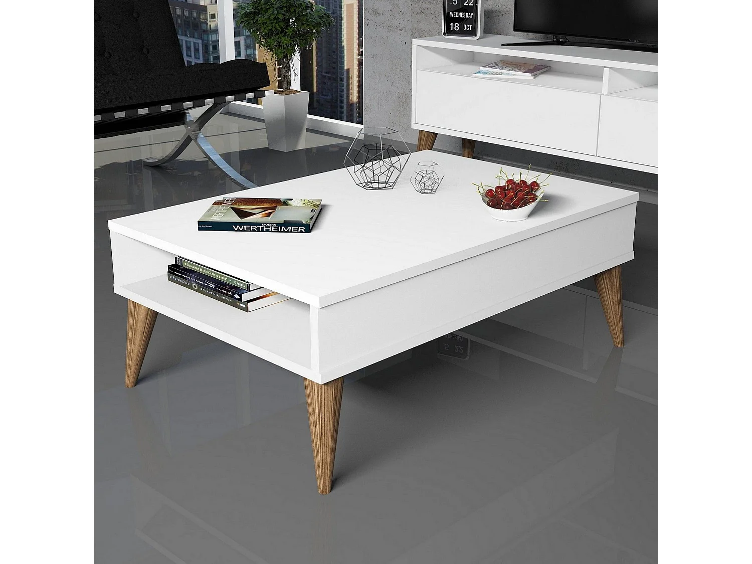 Mesa de café Kailua 1232, Blanco|Luminoso madera, 35x60x90cm, Aglomerado laminado