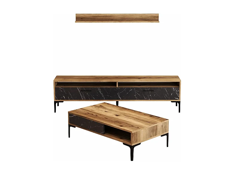 Conjunto de Mobiliário Moderno em Nogueira e Mármore Preto para Sala de Estar