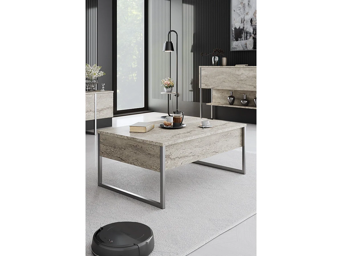 Mesa de Centro Moderna "Madrid" em Travertino e Prata - 90x60x40cm