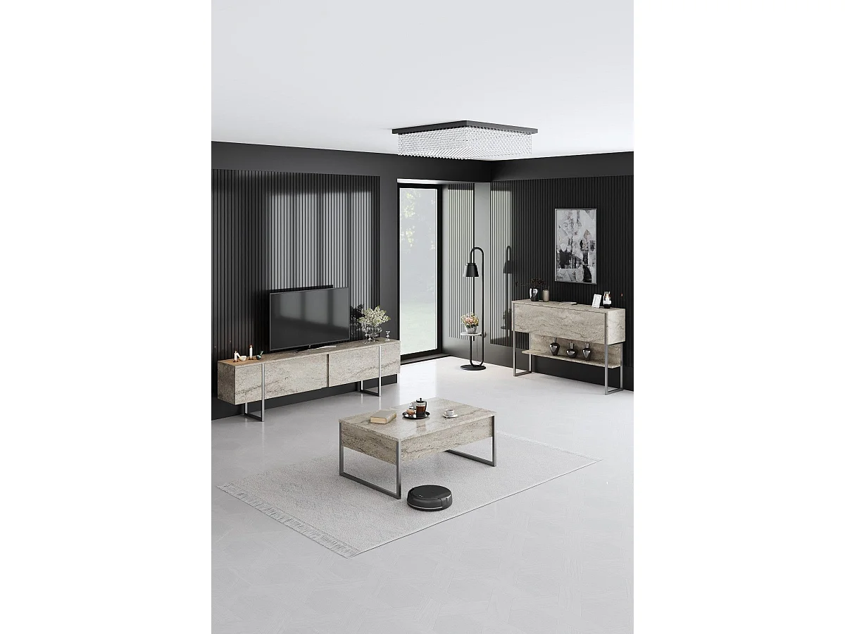 Mesa de Centro Moderna "Madrid" em Travertino e Prata - 90x60x40cm