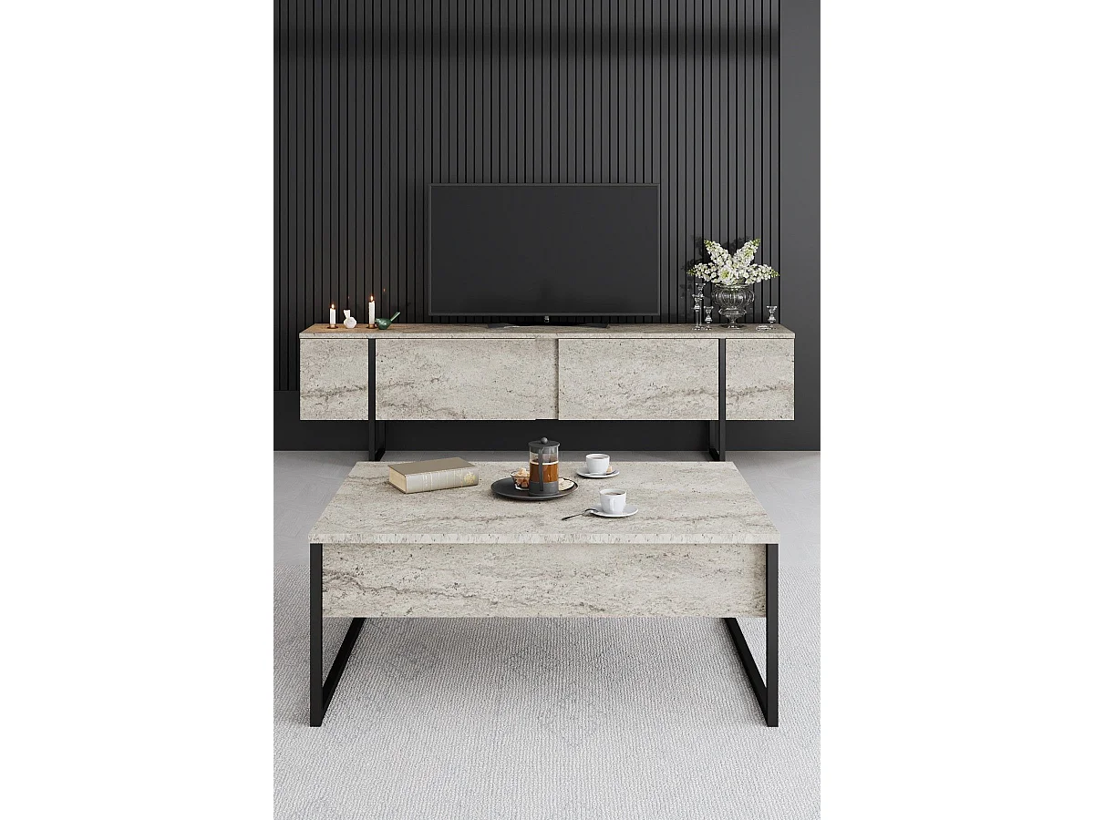 Mesa de Centro Elegante "Madrid" em Travertino e Preto - 90x60x40cm