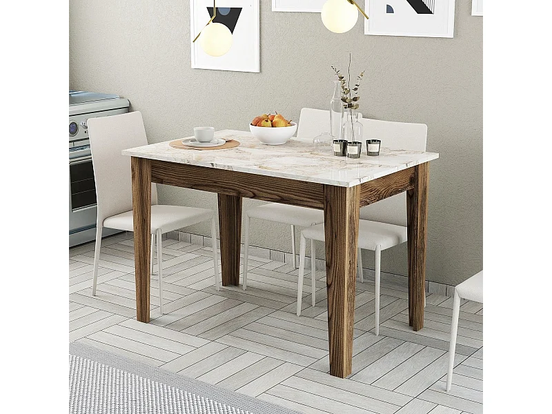 Mesa Kailua 1436, Mármol blanco|Nogal, 75x72x110cm, Aglomerado laminado, MDF