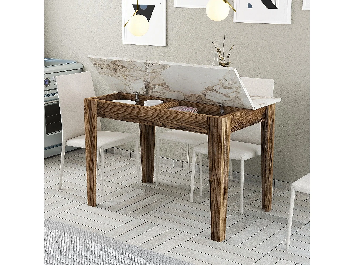 Mesa Kailua 1436, Mármol blanco|Nogal, 75x72x110cm, Aglomerado laminado, MDF