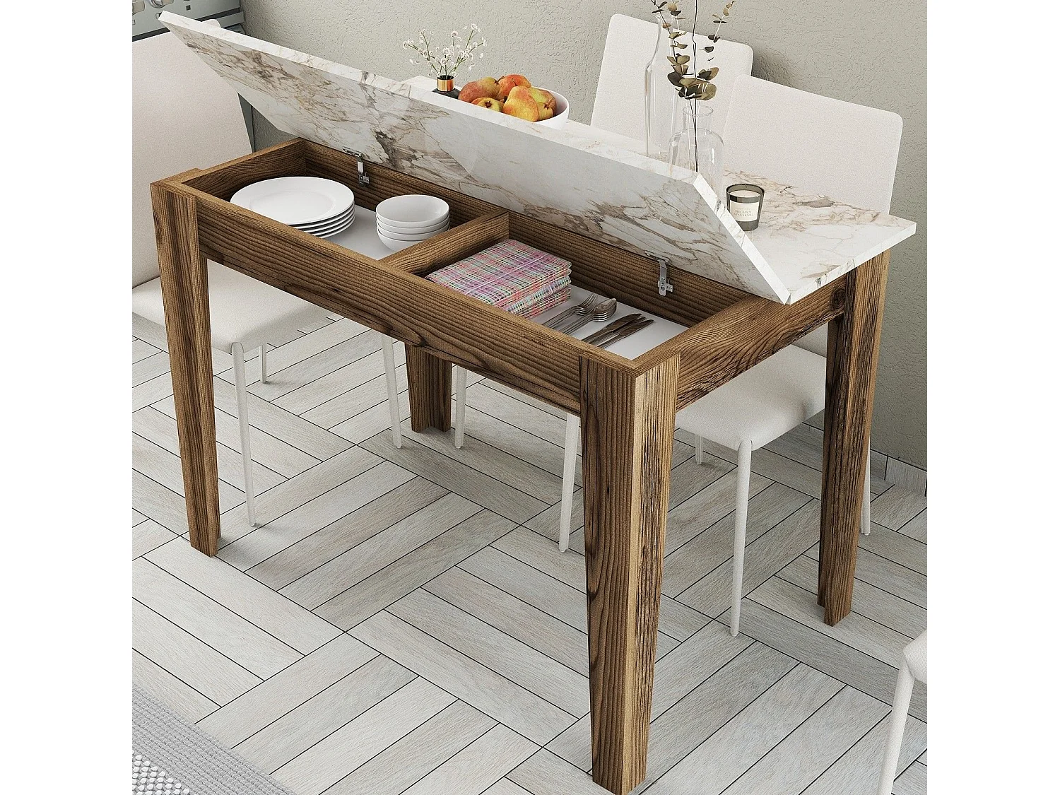 Mesa Kailua 1436, Mármol blanco|Nogal, 75x72x110cm, Aglomerado laminado, MDF