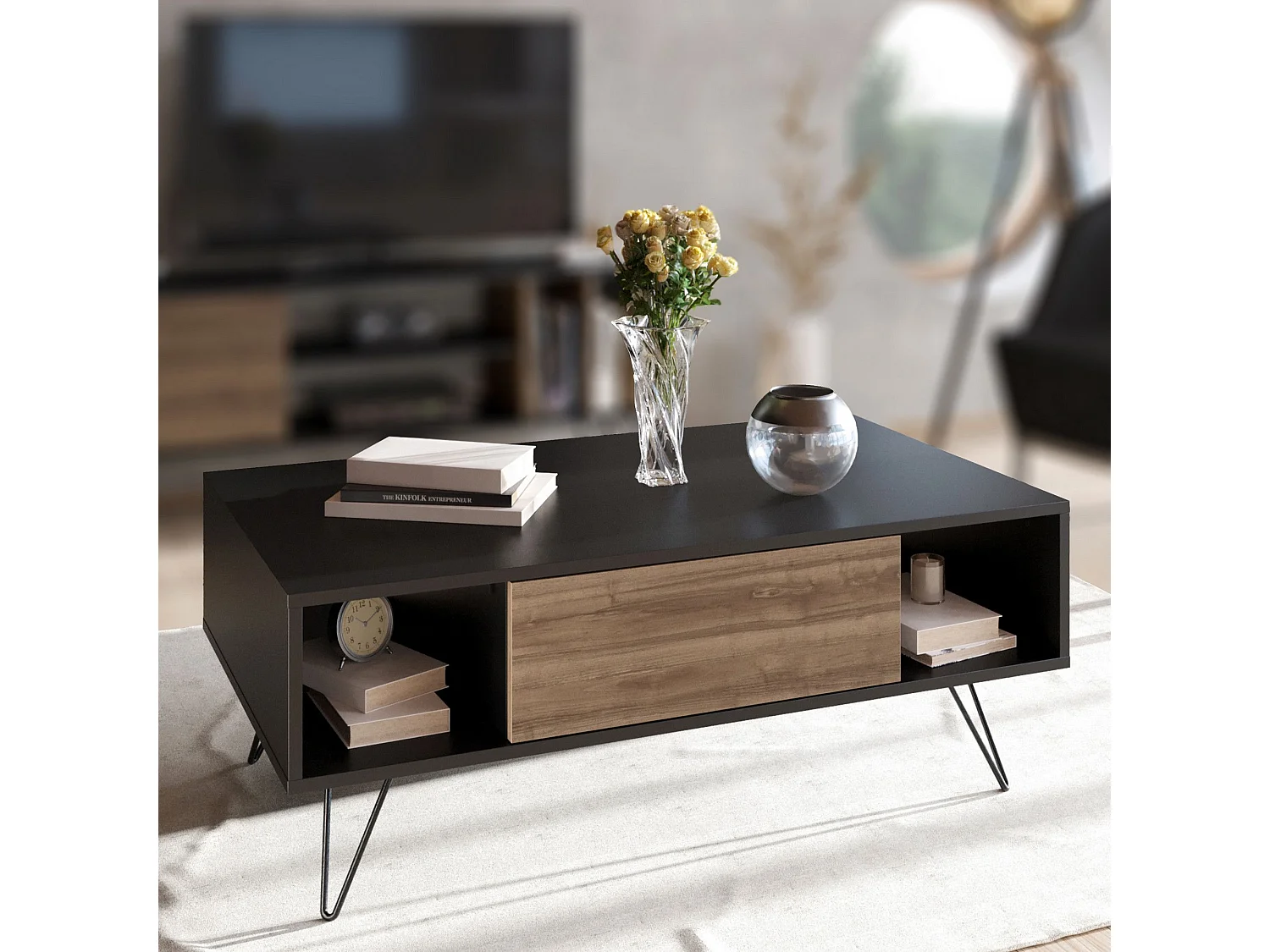 Mesa de Centro Moderna Mistico em Preto e Nogueira - Elegância e Funcionalidade