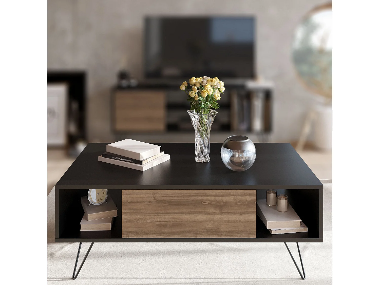 Mesa de Centro Moderna Mistico em Preto e Nogueira - Elegância e Funcionalidade