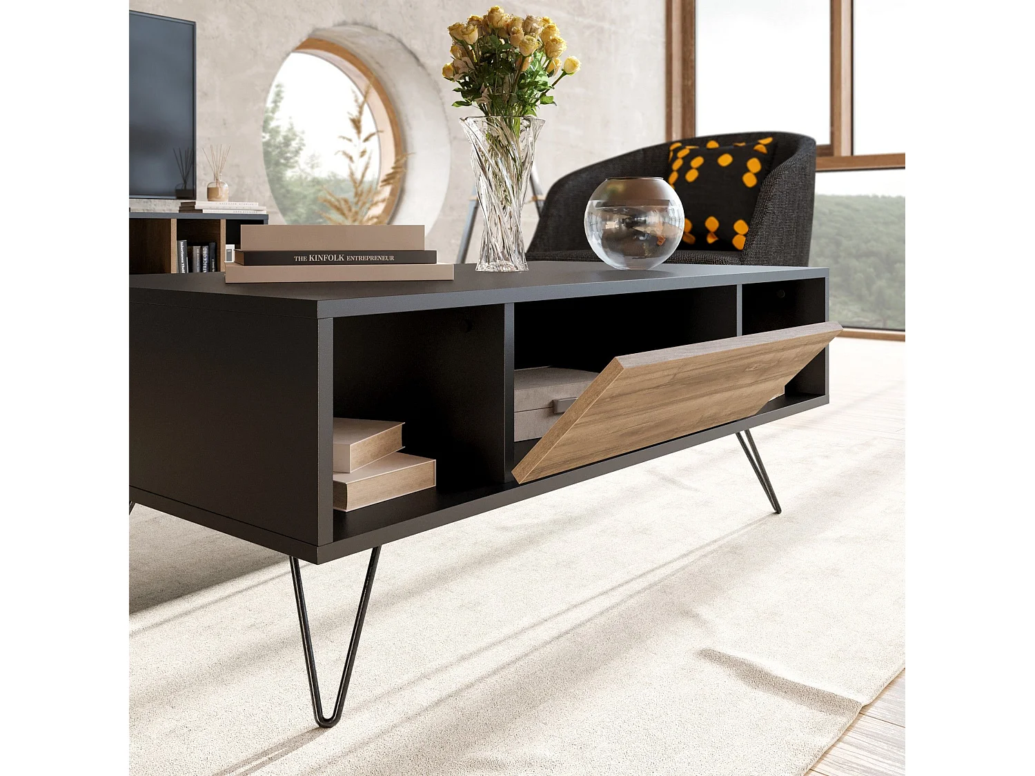 Mesa de Centro Moderna Mistico em Preto e Nogueira - Elegância e Funcionalidade