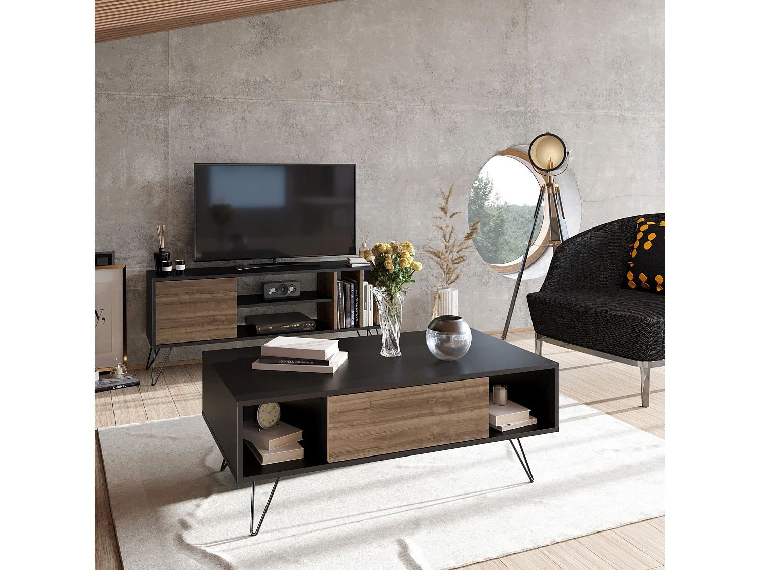 Mesa de Centro Moderna Mistico em Preto e Nogueira - Elegância e Funcionalidade