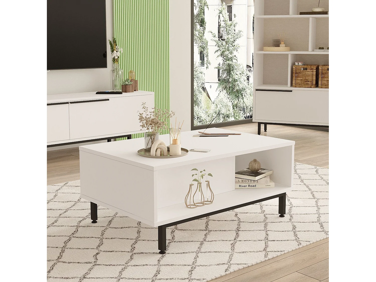 Mesa de café Kailua AE101, Blanco, 38x60x90cm, Aglomerado laminado, Angular