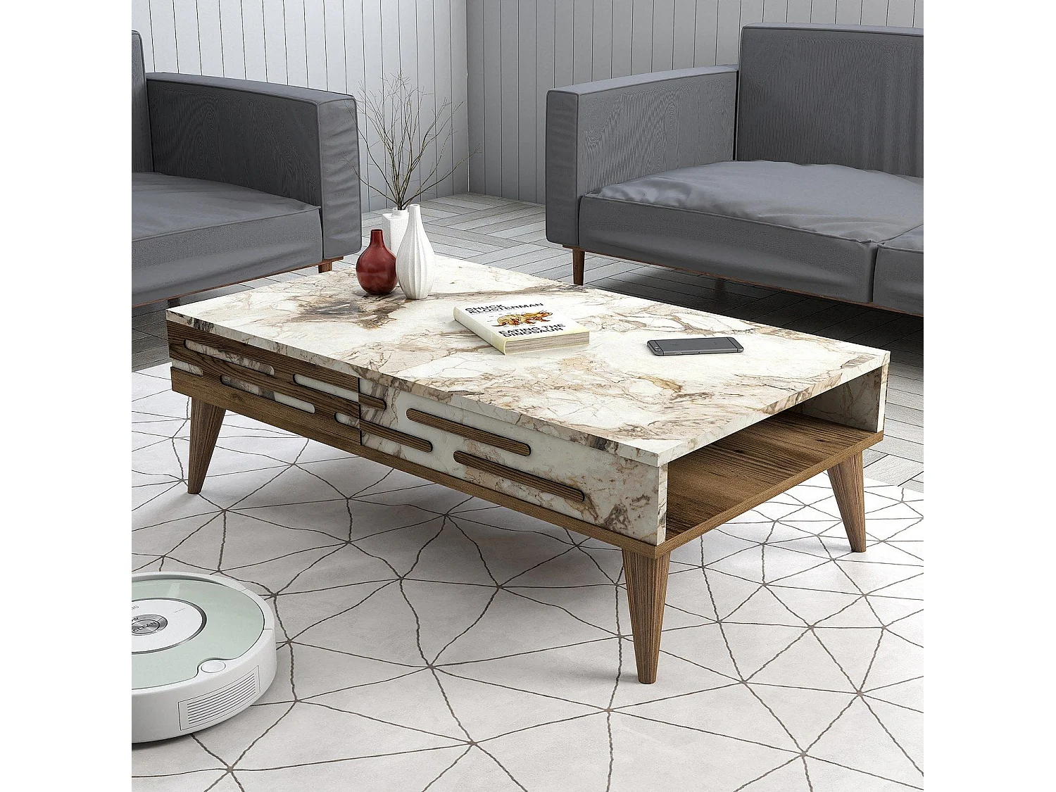 Mesa de Centro Valensiya em Nogueira, Branco e Mármore - Elegância e Funcionalidade