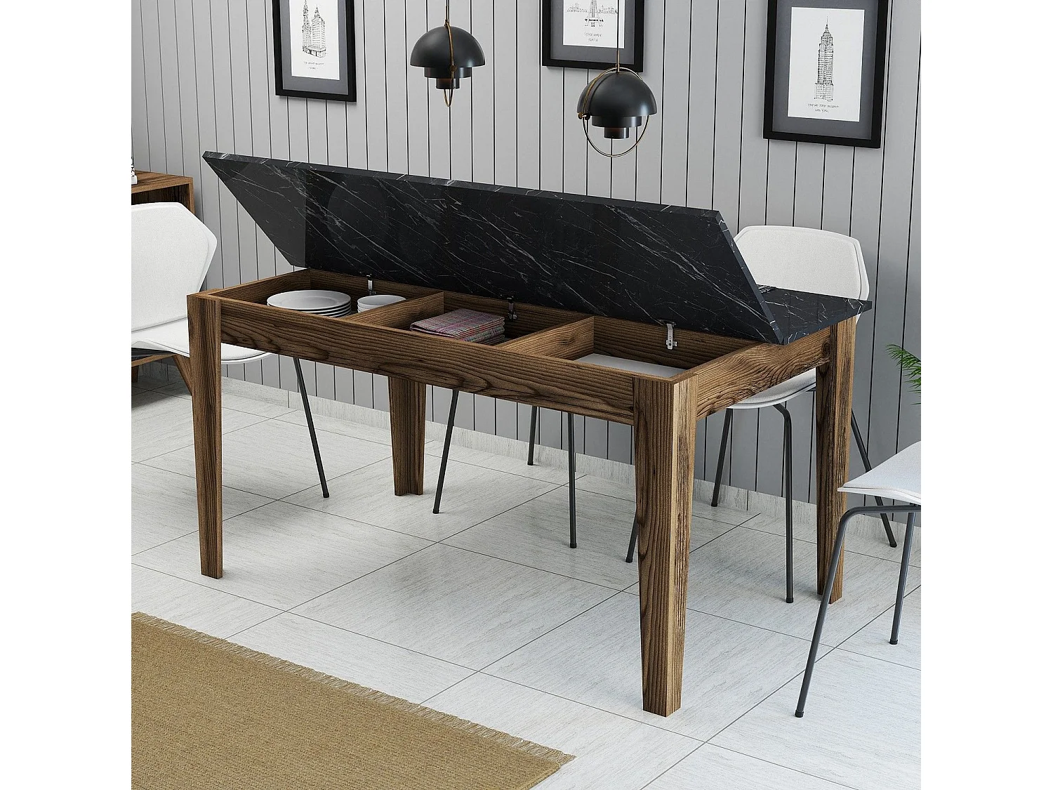 Mesa Kailua B100, Nuez|Mármol negro, 75x88x145cm, Aglomerado laminado