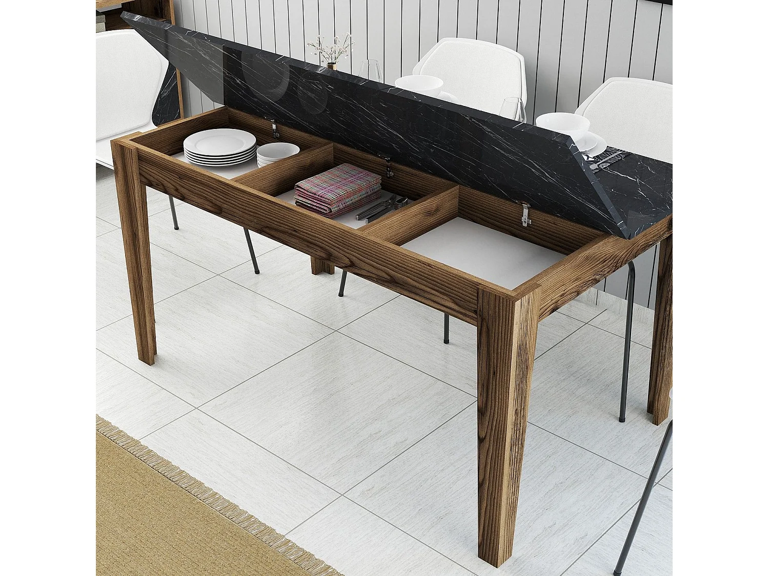 Mesa Kailua B100, Nuez|Mármol negro, 75x88x145cm, Aglomerado laminado