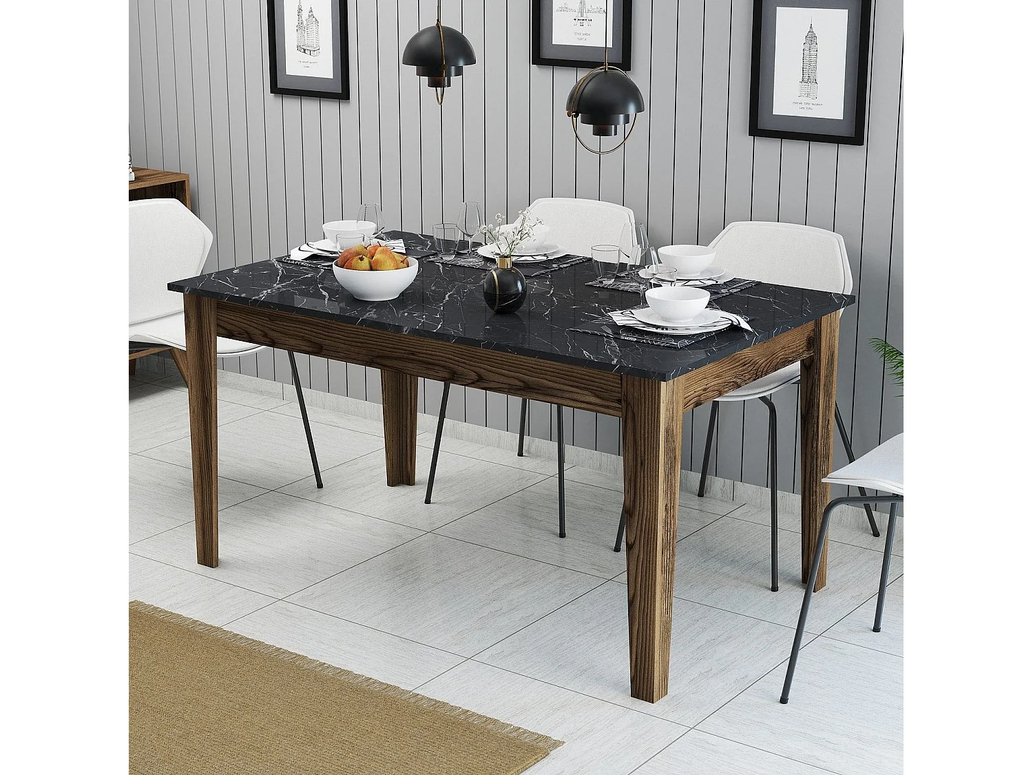 Table de salle à manger avec rangement Kaltes L145cm Effet marbre Noir et bois